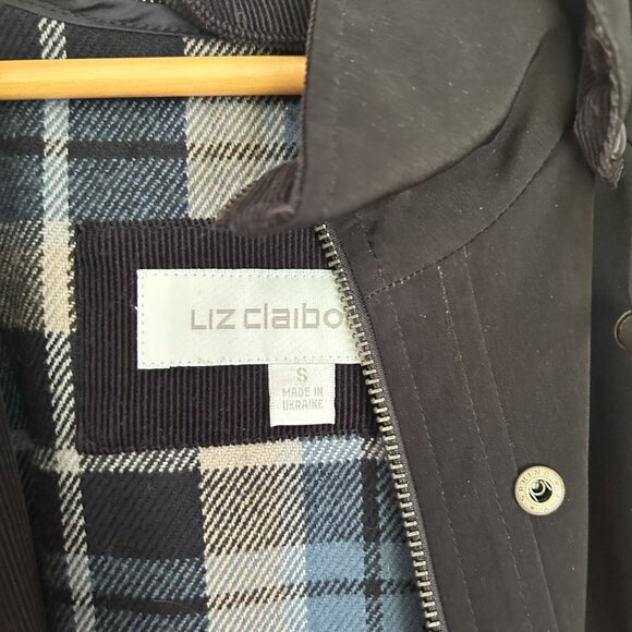 Vintage Liz Claiborne Black Hooded Coat With Plaid Lining Size S - Picture 2 of 11